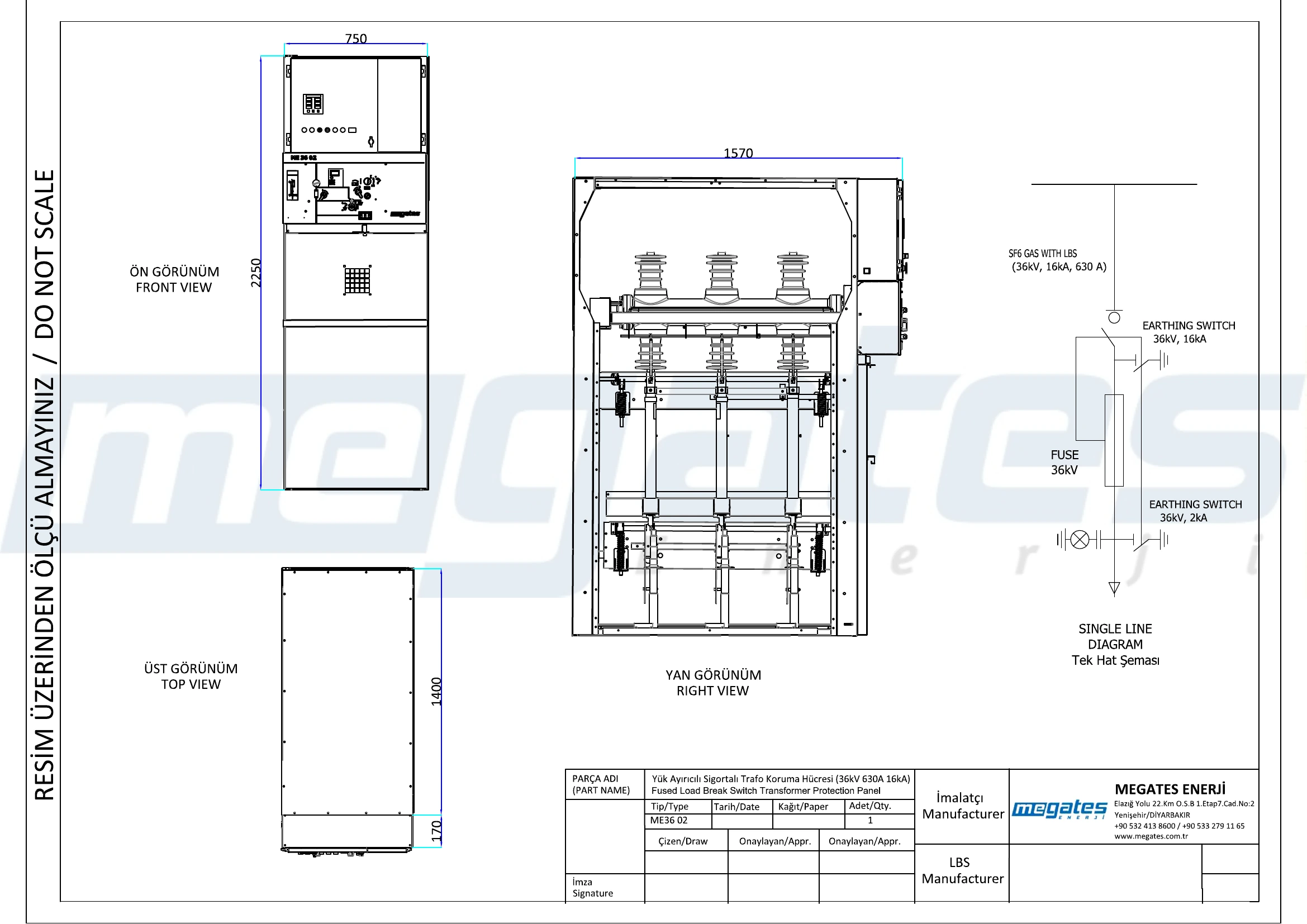 ME36-02 36 kV yük ayırıcılı sigortalı trafo koruma hücresi teknik çizimi