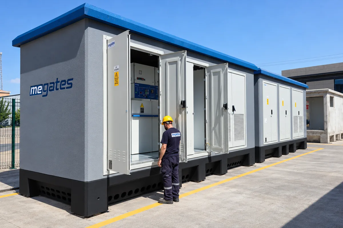 Megates beton trafo köşkü açık kapı iç ekipman görünümü